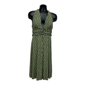 AGB Tie-Back Green Halter Backless Midi Dress Size 10  Boho Chic Print